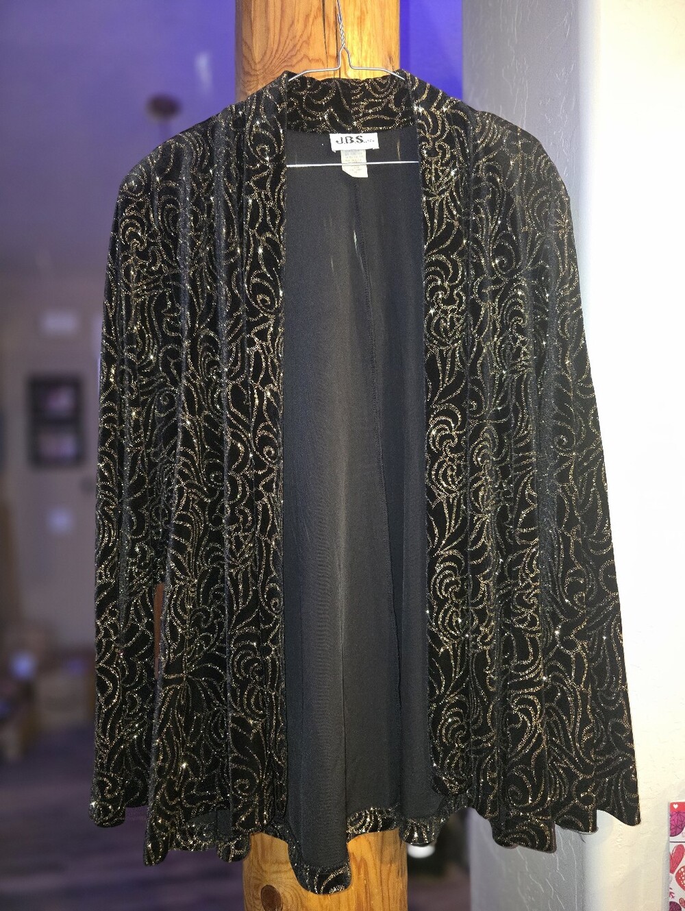 J.B.S. Black Velvet Open Cardigan with Gold Swirl Accents